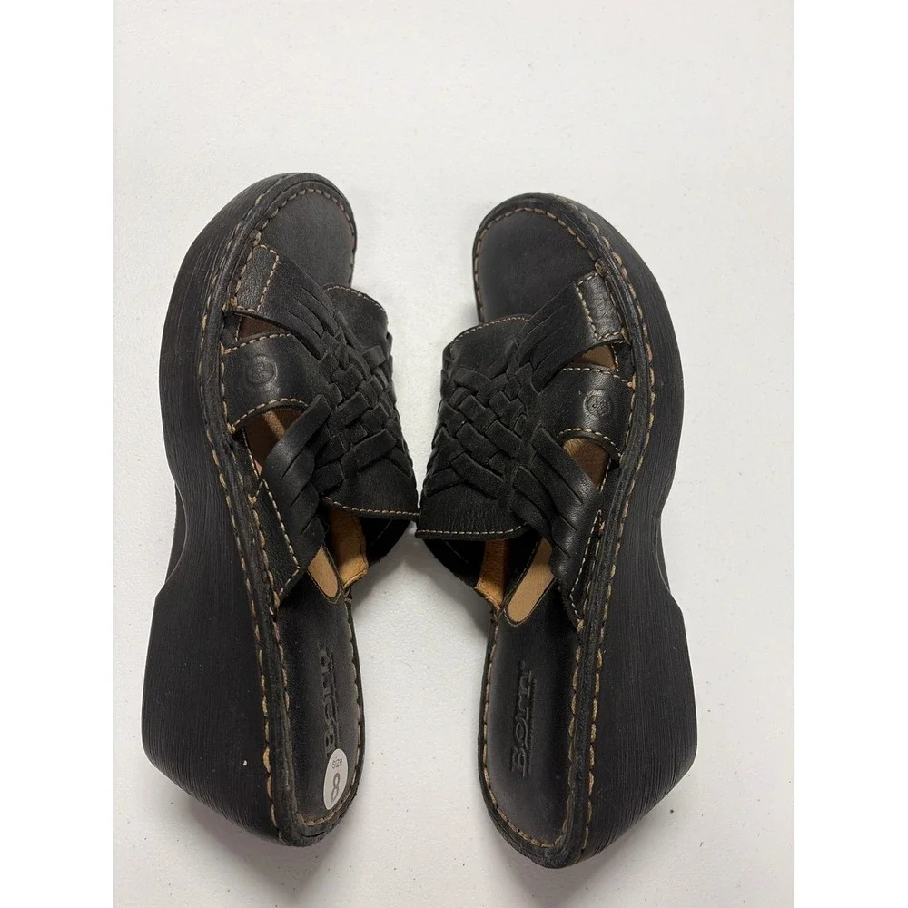 Born Black Leather Woven Huarache Platform Wedge Sandals Womens 8 Slide Shoes